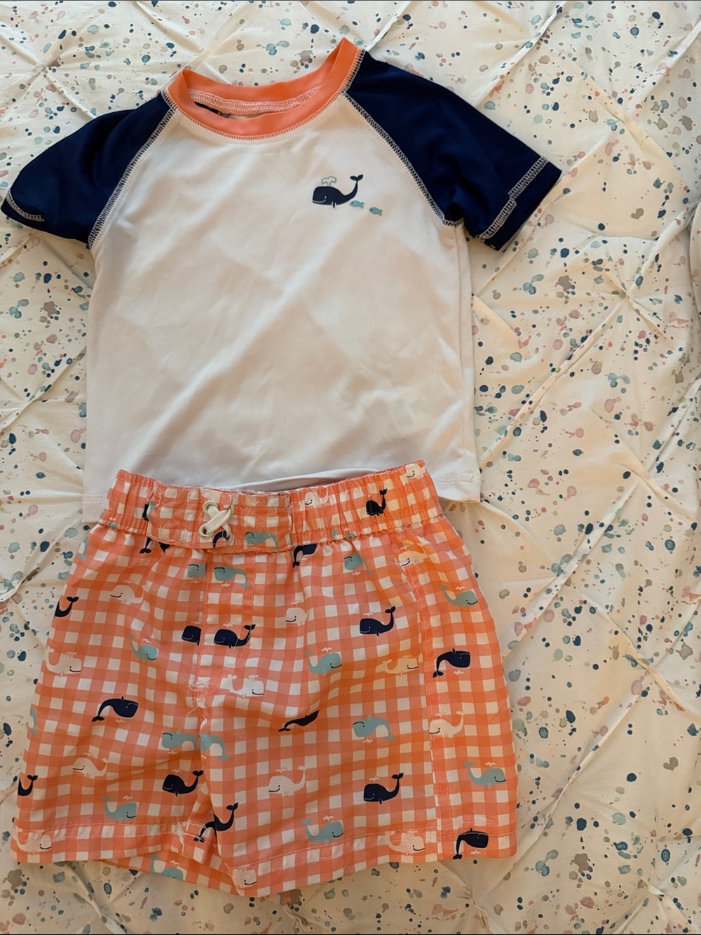 Wippette Orange Navy White Whale Print Kids Swim Set